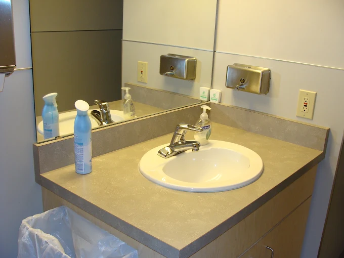 Sanitized restroom sink and vanity